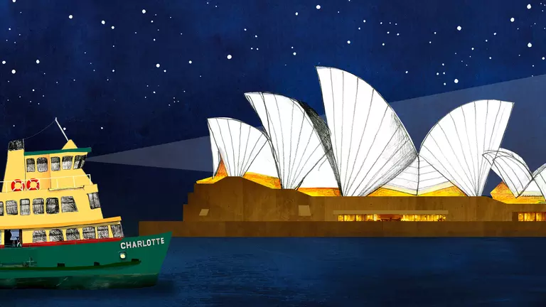 An illustration of a Manly ferry and the Sydney Opera House