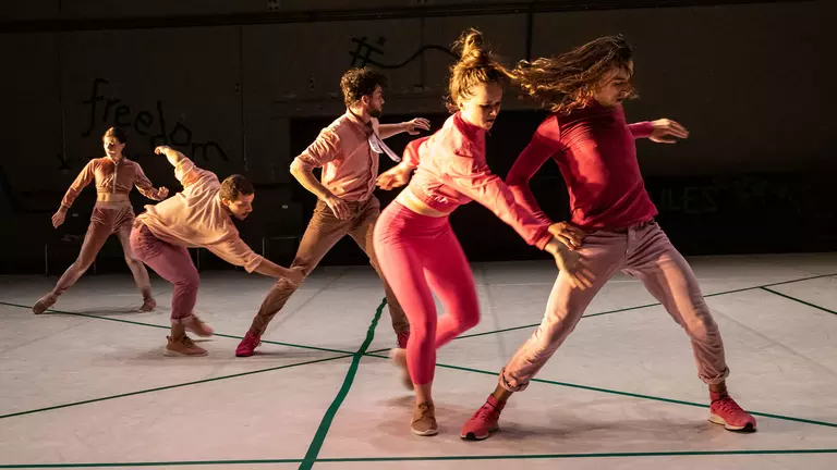 Five dancers wear pink and stand in a diagonal line caught in movement.