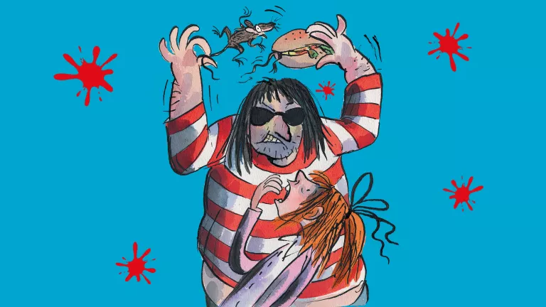 Illustration of a man with stripy clothing, sunglasses and long hair holding a rat and a burger above his head. A little girl with a red haired ponytail stares up at him and gasps