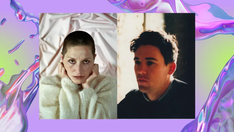 Cate Le Bon faces the camera with her hands on her cheeks. Cass McComb looks off to the left.