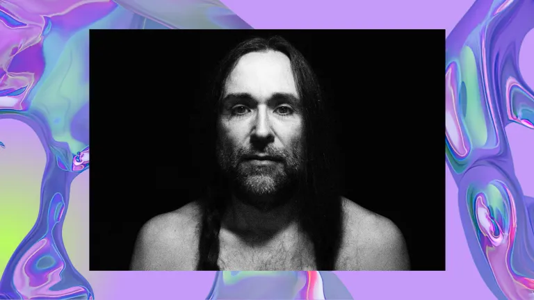 A black-and-white portrait of a woman with long hair, overlayed with a backdrop of purple, iridescent swirls, looking like water.