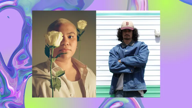 Two portraits on a background of a purple, iridescent swirl, looking like water. Left: Person with a shaved, blonde hair holding a white rose. Right: Man in denim jacket, arms crossed, relaxed.