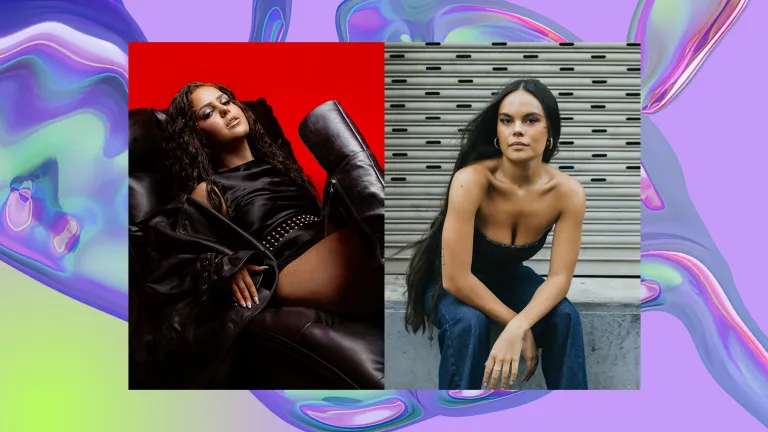 Portraits of two women against a background of a purple, iridescent swirl, looking like water. Left: Woman in black leather lying on a couch against on a red background. Right: Woman in jeans and a black top with long black hair, against a garage door bac