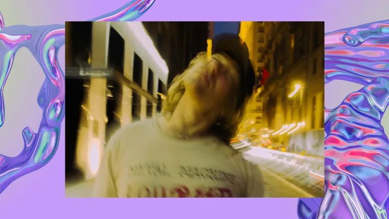 A blurred image of a man with head tilted back on a city street at night. Background is a purple, iridescent swirl, looking like water.