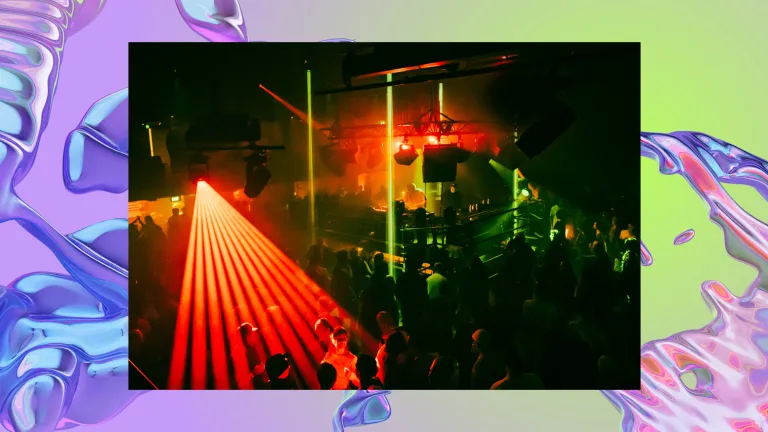 A vibrant nightclub scene with red laser lights cutting through a dark crowd. The image overlays a background of a purple iridescent swirl, looking like water.