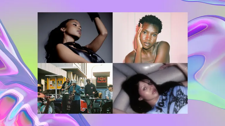 A collage of four diverse individuals: two posing confidently, one mid-performance with a group, and another lounging. The image overlays a backdrop of a purple iridescent swirl, looking like water.