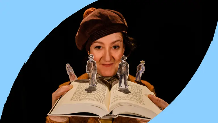 A woman stares forward opening a book. Paper characters pop out of the page.