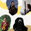 Collage of four musicians. Top left woman with violin, cloudy sky backdrop. Top right woman holding a bassoon, concrete wall backdrop. Bottom left woman with a violin, outdoors, greenery. Bottom center person in black-and-white profile, sitting at a piano