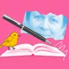 A collage featuring a yellow bird, a pen and a scrap of paper with a face on of a mature white woman.