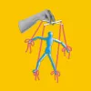 A collage of a hang controlling a wooden puppet with pink strings.