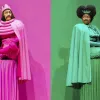 Two individuals dressed in monochromatic outfits sit on pedestals; one in pink with a crown on the left, and one in green with a crown on the right, both in similar regal poses against matching backgrounds.