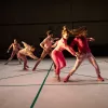 Five dancers wear pink and stand in a diagonal line caught in movement.