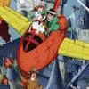 An animated image of a man in a green jacket flying an airplane. He is holding a woman in a white dress.