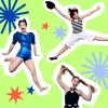 Three performers in various costumes are jumping and have been superimposed on a green background with various blue and orange stars and shapes.