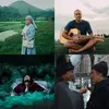 Four images are combined in a collage. One shows a nun in a blue habit, one is a man sitting with a guitar, one is a woman laying amongst garbage bags and another is a man and woman conversing on a New York street.