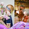 A collage featuring a woman with blue eye makeup holding colorful flowers on the left and a man in a patterned shirt on the right.