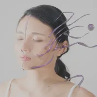 An Asian woman closes her eyes. Purple animated water drops are on her face.