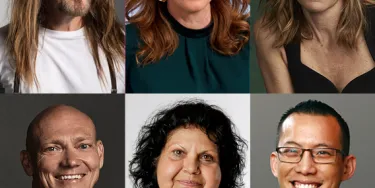 A collage of six diverse individuals, each shown from the shoulders up, portraying a range of expressions from relaxed to cheerful, set against various colored backgrounds.