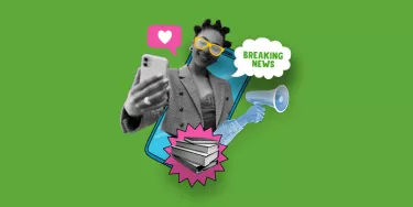 A graphic collage featuring a young, black women taking a selfie with a text bubble saying 'breaking news'.