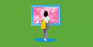 A collage of a woman staring at an artwork in a blue frame.