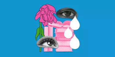 A collage of images featuring two crying eyes, a pile of books and a wilting flower.