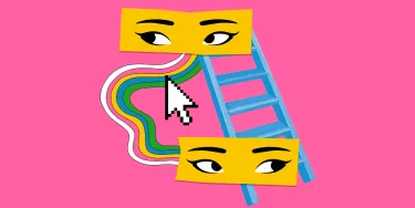 Two sets of cartoon eyes look in different directions. One sits at the top of a ladder, one is at the bottom.