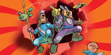 Two cartoon characters with cardboard box helmets are bursting through an orange and red background. Two smaller characters are watching on.