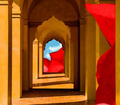 Image showing a Morrocan style mustard yellow hallway with red flowers graphically shown around it
