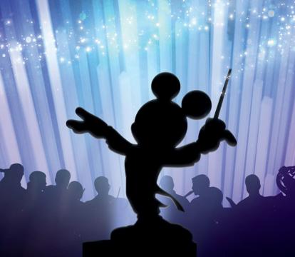 Mickey mouse using his conductor baton to give musical instructions.