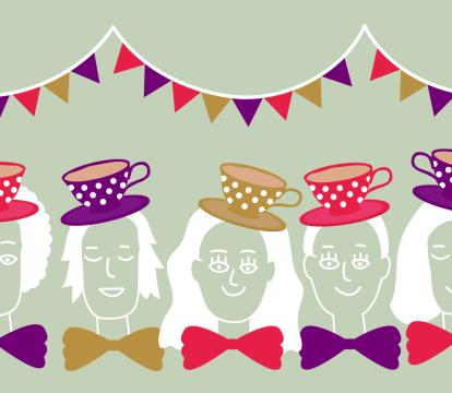 Five white cartoon drawings of children wearing tea cup hats in purple, gold and pink and bow ties. There is bunting above their heads.