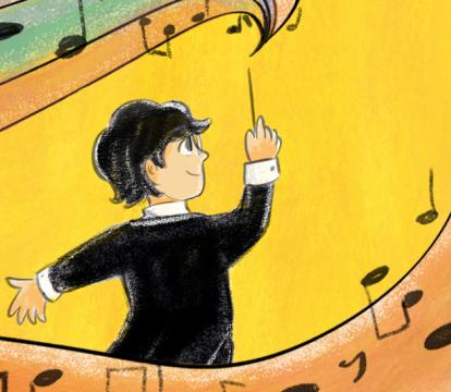 Against a yellow background a cartoon conductor wearing black with white shirt cuffs holds up a baton. An orange, green and purple rainbow with musical notes is coming from it.