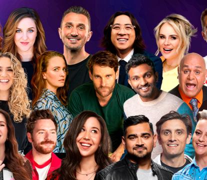 21 comedians of all different genres and backgrounds pose behind Melanie Bracewell, a white woman with brown medium length hair wearing a black V-neck top. The background is purple.