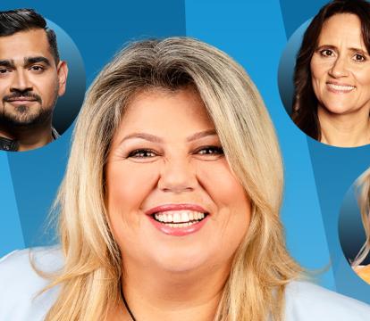 Four male and three female comedians are shown against a blue background.