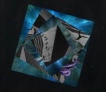 An animation of space with astronaut, a man, birds and an octopus.