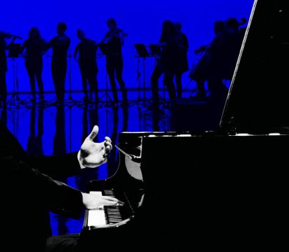 George Gershwin plays the piano in black and white with a silhouette of the ACO playing behind him.