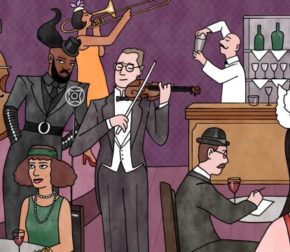 An illustration of a Cabaret show in a Parisian Bar.