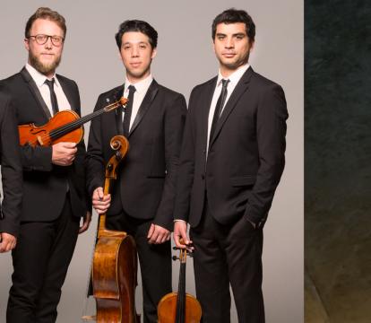 Four men in black suit holding violins and a cello.