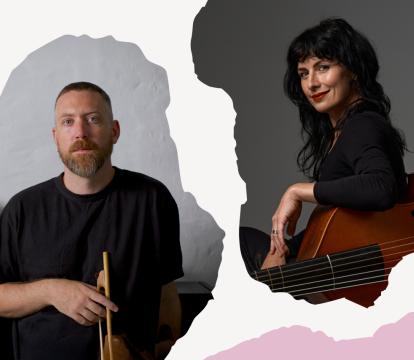 Two musicians with string instruments, a man with short hair and a beard on the left, and a woman with dark hair and a smile on the right.