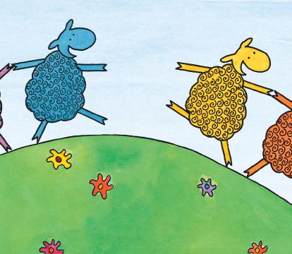 An illustration of five coloured sheep holding hands and skipping through a field.