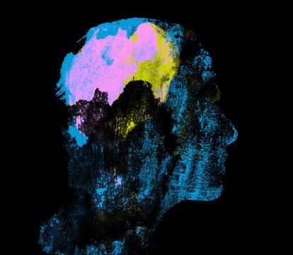 An abstract painting of a human head side profile, the brain is lit up in colour.