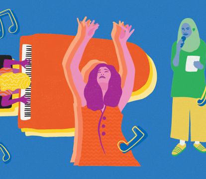 Three animated women playing piano, singing and dancing.