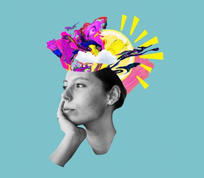 An animated sketch of autistic woman cluttered with ideas in brain.
