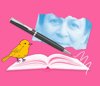 A collage featuring a yellow bird, a pen and a scrap of paper with a face on of a mature white woman.