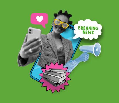 A graphic collage featuring a young, black women taking a selfie with a text bubble saying 'breaking news'.