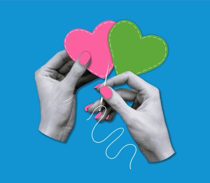 Two hands sewing two hearts together.