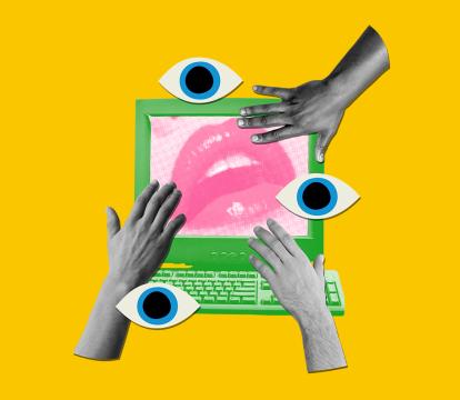 A graphic collage featuring a computer screen  with a close up picture of lips with shiny lip gloss. Hands reach towards the screen and three eyes surround the collage.