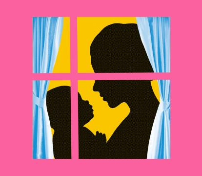 A collage looking through a window at a mother and a baby silhouette.