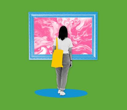 A collage of a woman staring at an artwork in a blue frame.