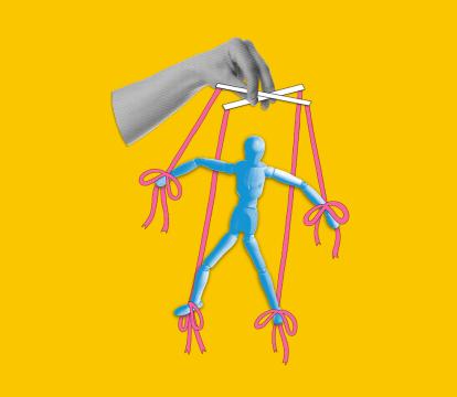 A collage of a hang controlling a wooden puppet with pink strings.