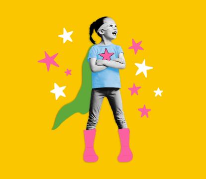 A collage of a young girl wearing a cap surrounded by coloured stars.